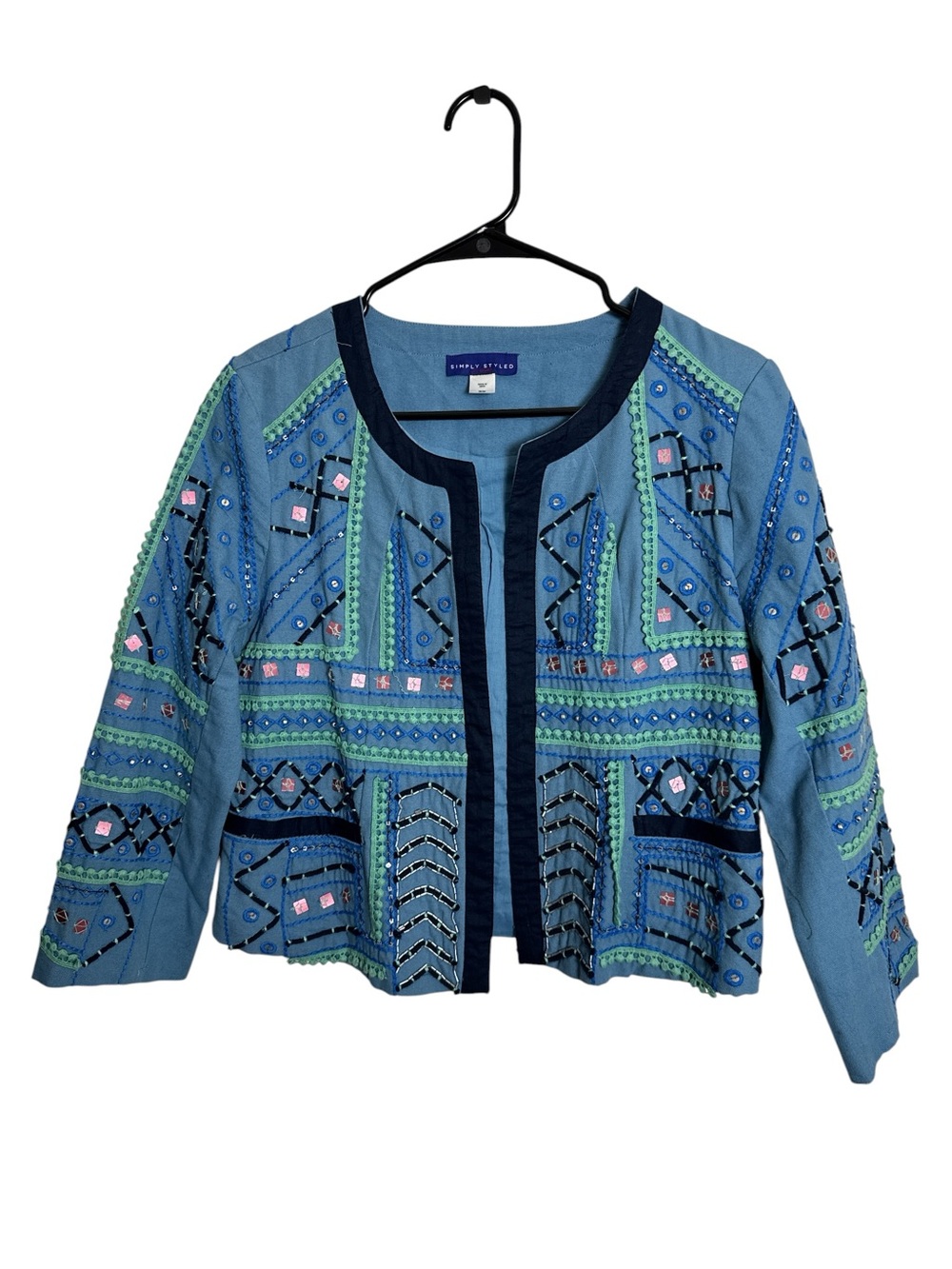 Simply Styled Blue Embroidered Open-Front Bolero Jacket Beaded Boho Artsy